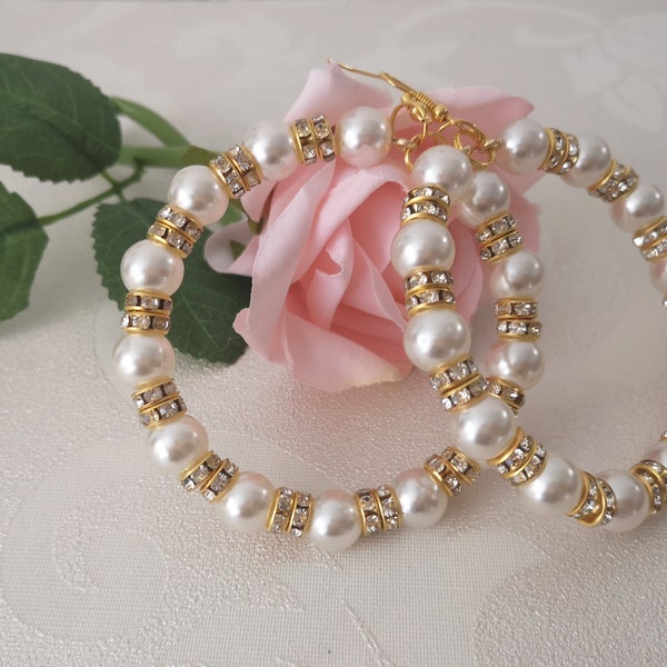 Gold - Ivory pearl & diamante beaded drop hoop earrings - Big - oversized earrings - 3.3" length - Stunning earrings - Pierced ears