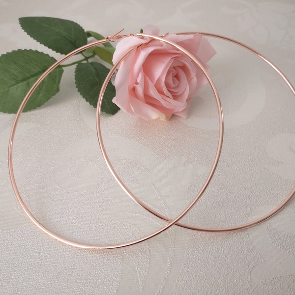 Extra large - huge ROSE gold tone plain thin wire hoop earrings - MASSIVE oversized hoops - 4.5"  -  Celebrity fashion