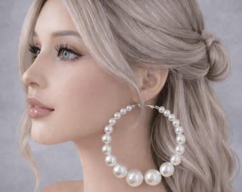 Orecchini a cerchio con perle finte spesse – Perlina graduata da 3", cerchi in acciaio inossidabile color oro o argento