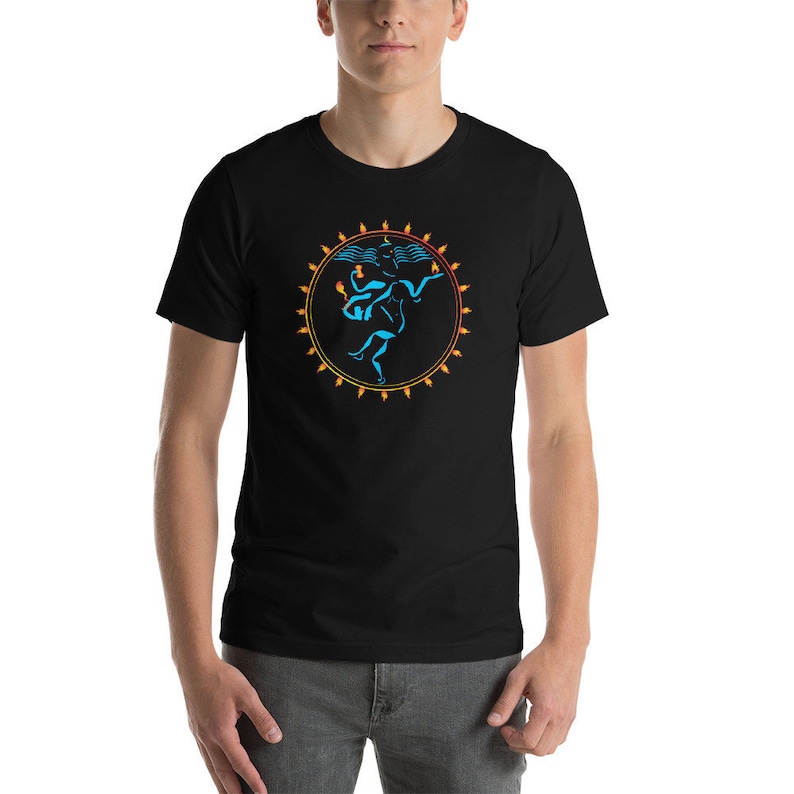 May include: A black t-shirt with a blue and orange graphic of a dancing figure inside a circle of flames.
