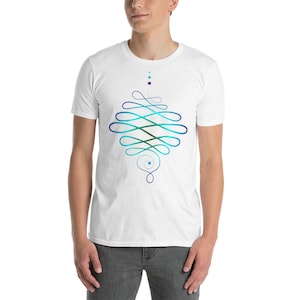 May include: White t-shirt with a blue and green abstract design featuring a series of connected loops and a small circle in the center.