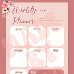 May include: A pink weekly planner with floral illustrations and a section for notes. The planner has spaces for each day of the week, Sunday through Saturday.