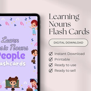 Könnte beinhalten: Lila und weiße digitale Karteikarten mit Illustrationen von Menschen. Der Text lautet "Lernen Sie grundlegende Substantive Menschen Karteikarten". Der Text "Lernen Sie Substantive Karteikarten" ist ebenfalls im Bild enthalten. Der Text "Digitaler Download" ist in einem Button enthalten. Eine Checkliste mit dem Text "Sofortiger Download", "Druckbar", "Gebrauchsbereit" und "Verkaufsbereit" ist ebenfalls enthalten.