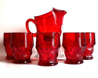Vintage Viking Georgian Ruby Red Pitcher and Tumbler 8 Piece Set MCM
