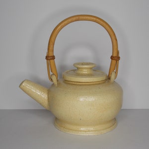 Signed Artisan Studio Art Pottery Stoneware Teapot w/ Bamboo Handle  Primitive Rustic