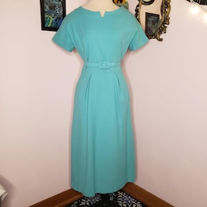 Vintage 50s Women&#39;s Aqua Blue Wool Short Sleeve Belted Day Dress Retro