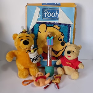 Vintage Winnie The Pooh Lot of Toys Plushie Baby Items Unfinished Latch Hook