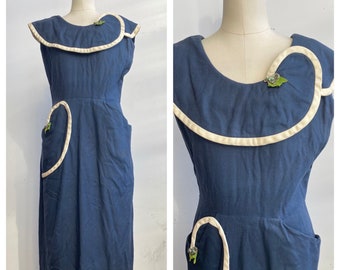 1940's navy Blue dress with cream piping and beaded accents, pockets, button up back, Vintage clothing