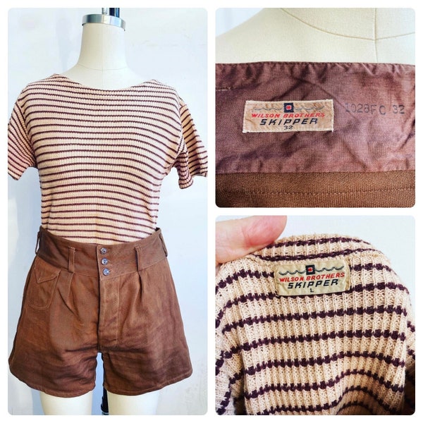 1940's Wilson Brothers Skipper striped knit top and brown shorts with piping Vintage size Large