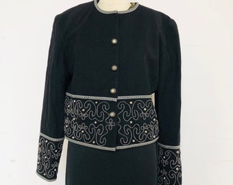 1990's Cowgirl dress jacket Double D Ranch Wear Black Wool silver poncho buttons with Soutache braiding, XS/S, Excellent condition