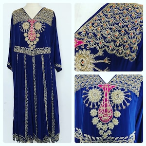 1970’s Vintage dress Fancy Hand embroidered cobalt blue and gold, Modern Medium, Boho chic, Spring Bridal, ethnic dress