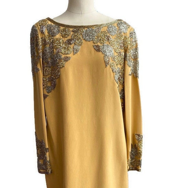 1980’s dress Gold Oleg Cassini Black Tie label, size Medium, Vintage clothing, Formalwear dress, Mother of the Bride, Mother of the Groom