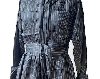 Antique Victorian Black pinstriped silk long dress with lace collar, Good condition, fits a modern Medium, Steampunk clothing