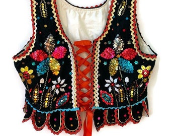 Vintage polnischer Tanz Kostüm Korsett Weste mit Pailletten und Bändern schwarzem Samt alle Hand genäht bestickt, Boho Chic, ethnisches Kleid 84 ""Büste"""