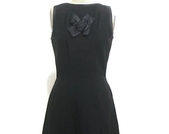 1950's Black cocktail dress with bow on front Mid Century dress thick stiff knit/Handmade/Ooak/SMALL/ Vintage clothing/ Audrey Hepburn style