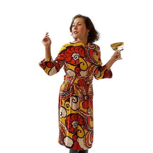 1960&#39;s MOD dress Les Elles by Betty Carol. Fabulous orange yellow and black abstract design