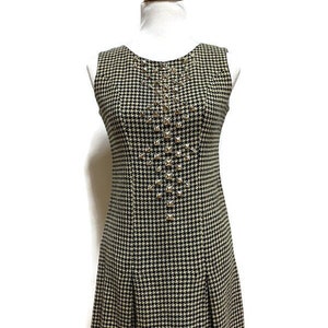 MOD 1960&#39;s dress by Honeycomb black and beige herringbone with metal stud decorations, Modern size Small