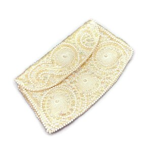 1950&#39;s La Regale white sequin and beaded Evening bag made in Japan envelope clutch, wedding accessories, Vintage purses, Bridal handbag