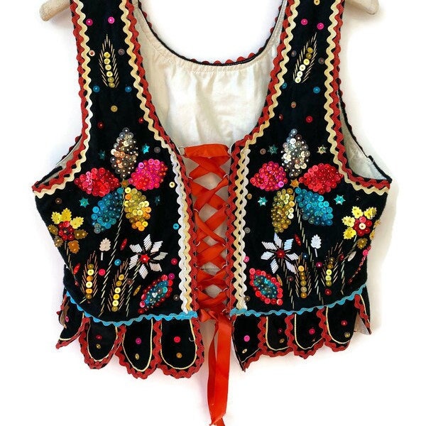 Vintage Polish Dance costume corset vest sequined and ribboned black velvet all hand stitched embroidered, Boho chic, ethnic dress 34" bust