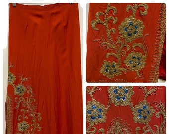 1970's orange with ornate gold embroidery long skirt, fully lined, very good condition