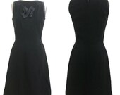 1950 39 s Black cocktail dress with bow on front Mid Century dress thick stiff knit Handmade Ooak SMALL Vintage clothing Audrey Hepburn style