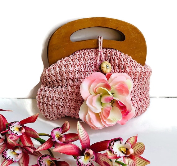 1950's Pink Raffia bag Handmade in Phillipines la… - image 1