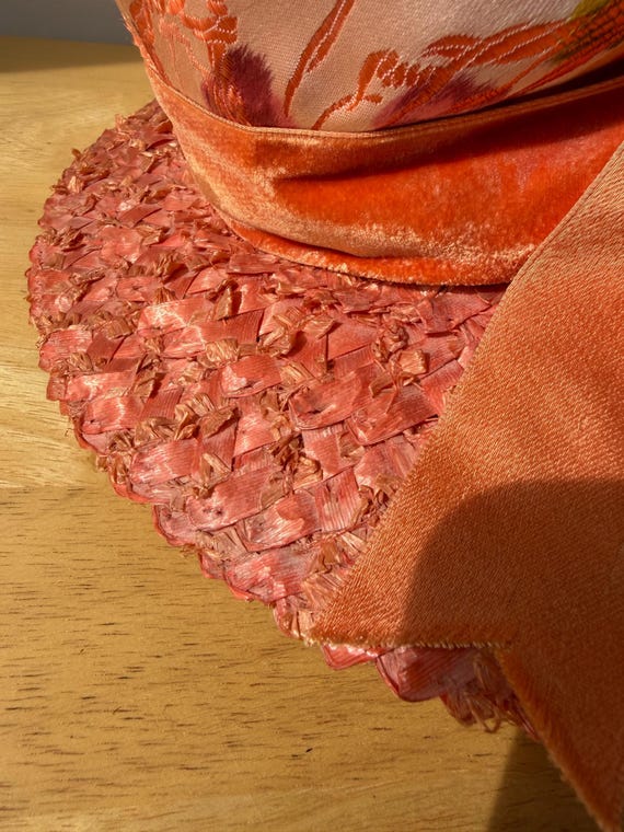 Mid Century Orange hat straw and floral fabric, D… - image 6
