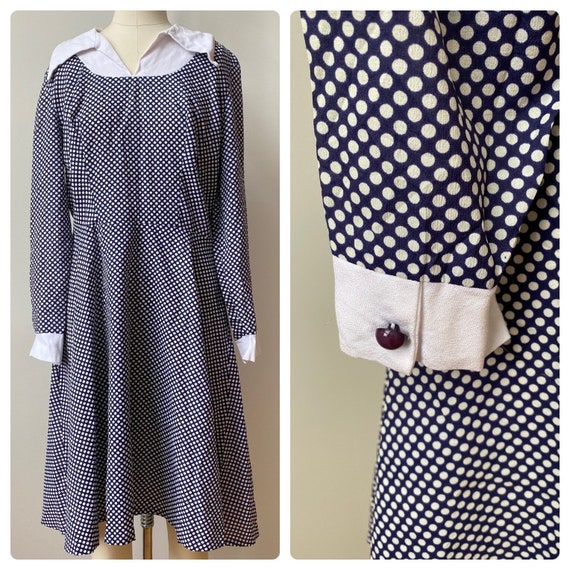 1960’s dress navy blue and white polka dots fits … - image 1