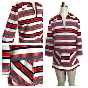 1960&#39;s Striped Vintage Mini Dress/tunic, White, gray, black and red polyester knit with pockets, MOD style, GOGO dress, Mid Century fashion