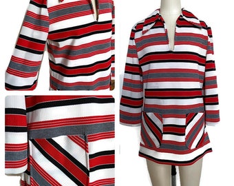 1960's Striped Vintage Mini Dress/tunic, White, gray, black and red polyester knit with pockets, MOD style, GOGO dress, Mid Century fashion