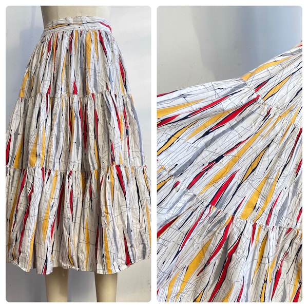 1960's skirt full tiered circle cotton skirt in an awesome MOD yellow, red black and grey atomic pattern, Boho hippie style modern medium