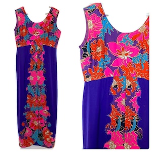 1960-70er Ärmelloses Maxi Kleid in Neon Pink, Orange, Lila mit Blumen Polyester, Volup size large