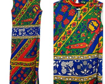 Favoloso abito lungo senza maniche anni '60-'70 in poliestere con fiori verdi, arancioni e blu, taglia media moderna, spacchi laterali