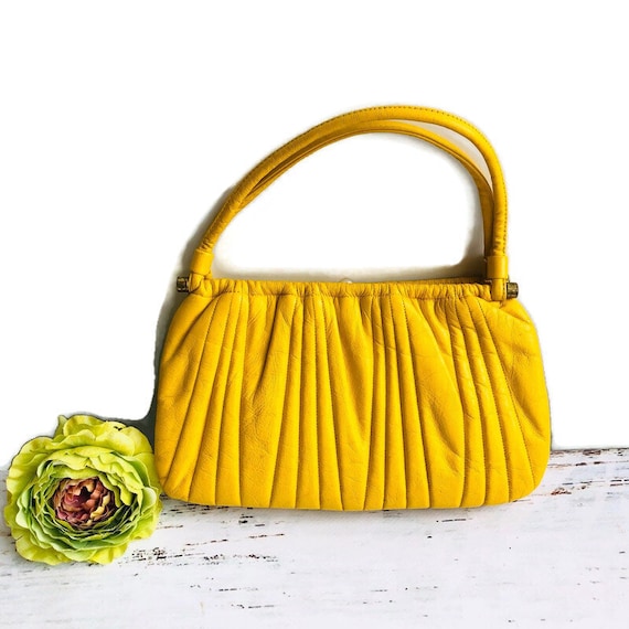 1970's Zenith Mustard yellow faux leather handbag top… Gem