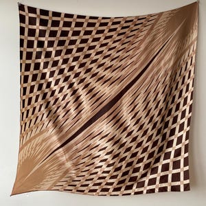 1970&#39;s Japanese acetate scarf large square in dark brown and tan geometric pattern, unsigned neck scarf, handbag scarf, Bridesmaid gift VGCD