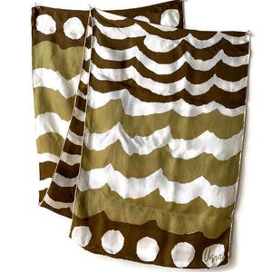 1970&#39;s Vera silk scarf, made in Japan, long and narrow in brown, olive green and white wave and dot pattern head scarf, Very good condition