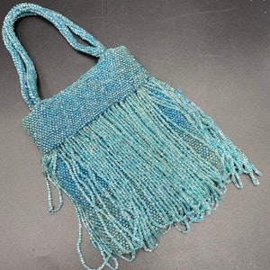 1920&#39;s French blue beaded Evening bag, iridescent blue glass beads, Flapper accessories, Vintage purses, bridal handbag