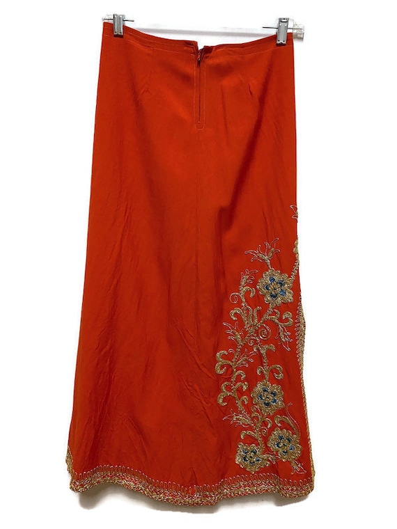 1970's orange with ornate gold embroidery long sk… - image 2