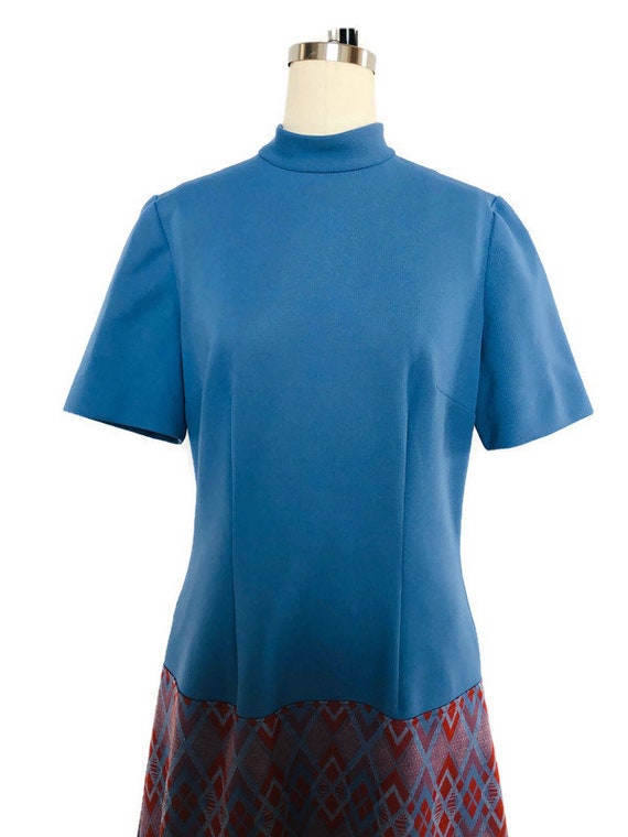 1970's 2 piece dress Mid Century MOD knit blue an… - image 4