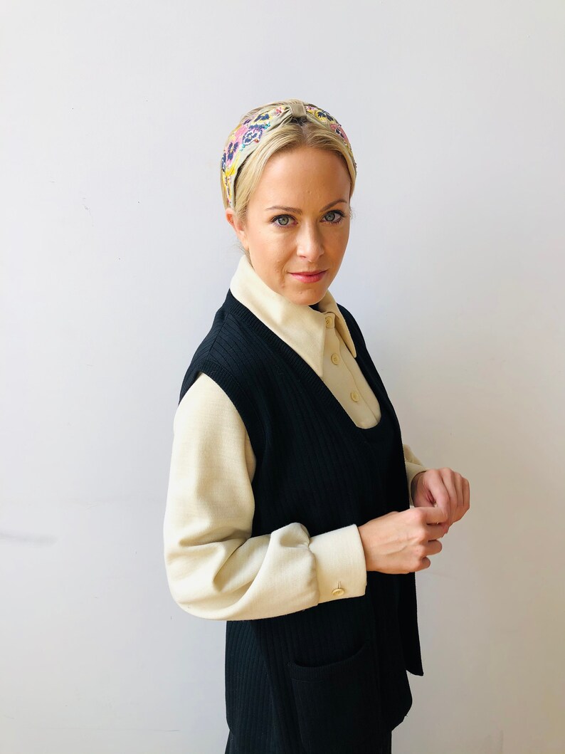 1960\u2019s Butte Knit dress with over vest black and cream 2 piece Long ribbed polyester wool Vintage clothing Mid Century Modern style dress