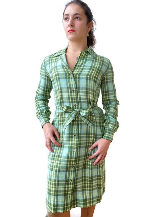 green plaid shirt dress Vintage 1970's by Donald Davies of Dublin Ireland and Yellow Irish Wool, Size Small/medium, Vintage Clothing Category_All Evening Dresses