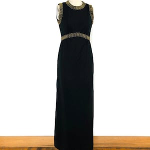 1960&#39;s Maxi dress sleeveless long Black and Gold polyester knit, XS