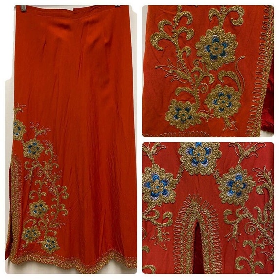1970's orange with ornate gold embroidery long sk… - image 1
