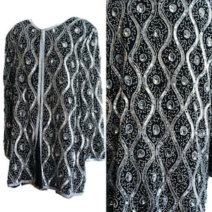 Silk Sequin Silver and Black Vintage 1970&#39;s Royal Feelings Evening Dress jacket made in India, Large/XL, Very Good cond, mother of the bride