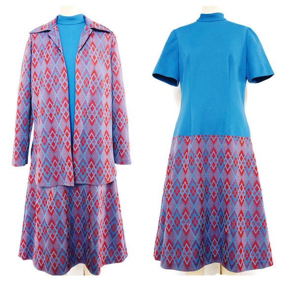 1970's 2 piece dress Mid Century MOD knit blue an… - image 1