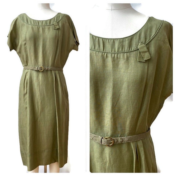 1950/60’s moss green silk dress fits a modern med… - image 1