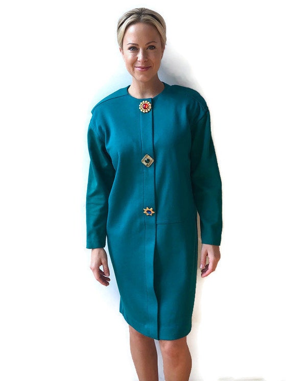 1980’s dress R&K Originals Turquoise green with j… - image 1