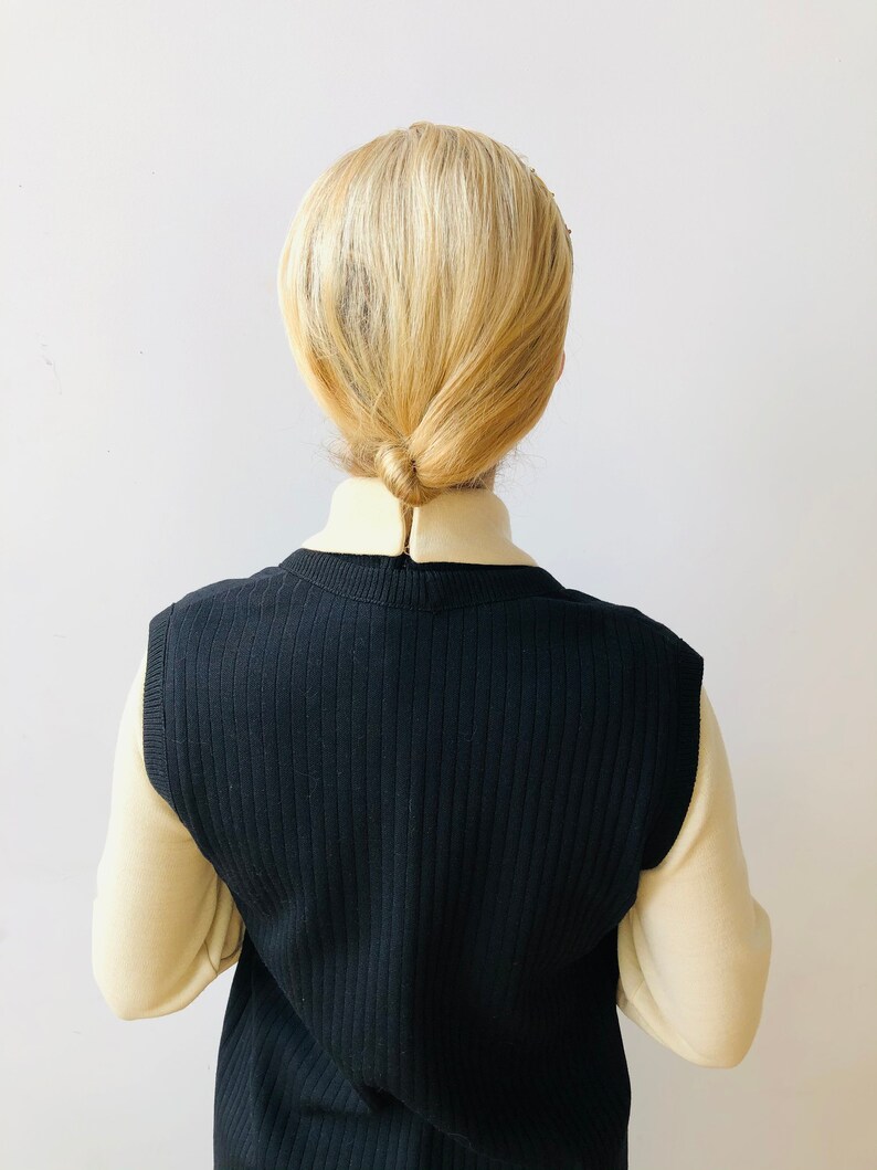 1960\u2019s Butte Knit dress with over vest black and cream 2 piece Long ribbed polyester wool Vintage clothing Mid Century Modern style dress