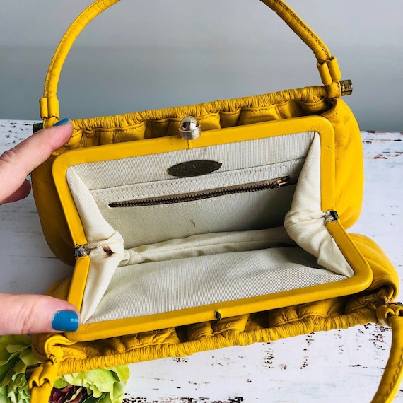 1970's Zenith Mustard yellow faux leather handbag top… Gem