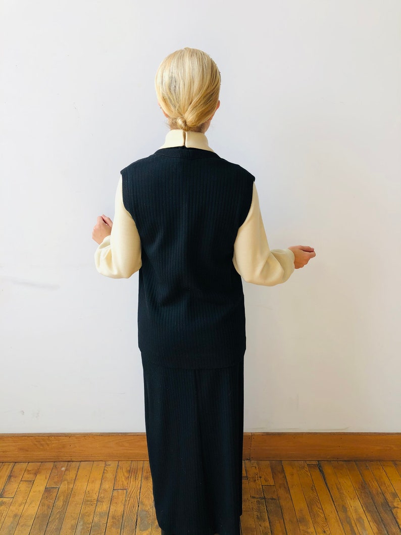 1960\u2019s Butte Knit dress with over vest black and cream 2 piece Long ribbed polyester wool Vintage clothing Mid Century Modern style dress